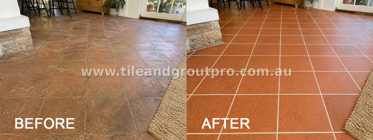 Front porch quarry tile restoration before and after cleaning, grout repair, and sealing