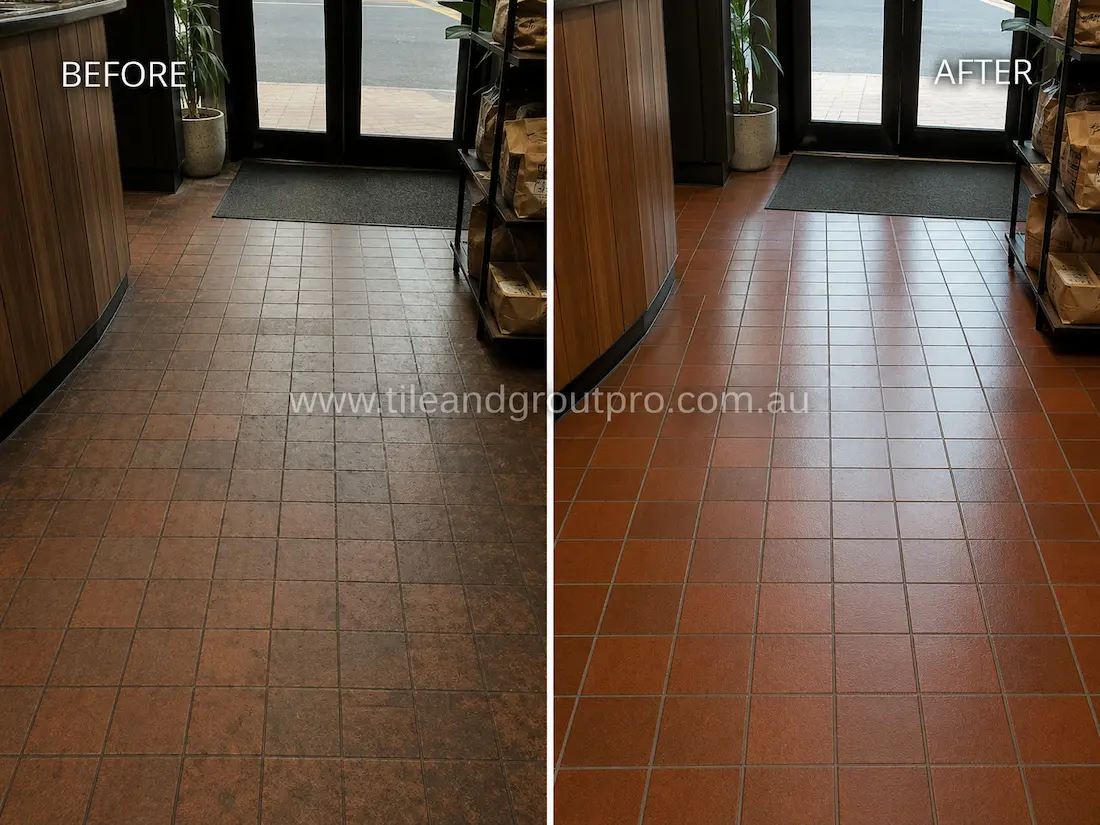 Before tile renewal, quarry floor tiles at a retail store entrance appeared worn and dull with tracked-in dirt, surface staining, and faded grout from constant customer traffic.