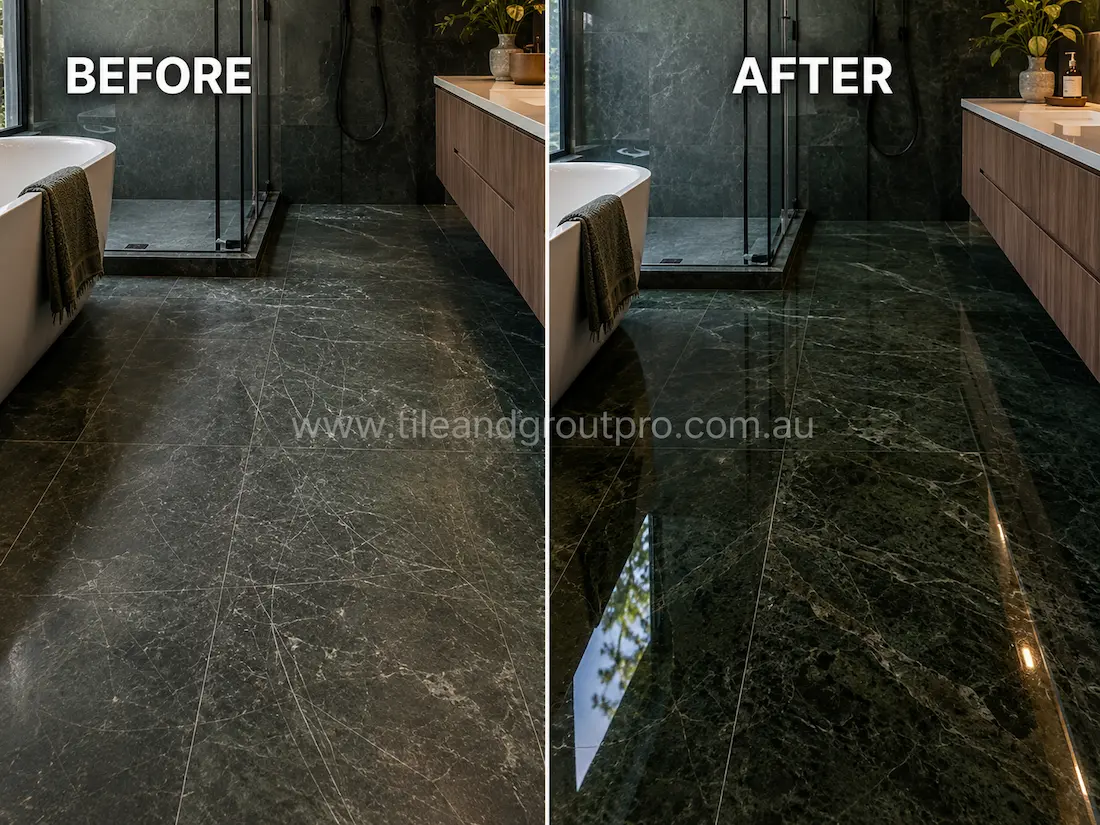 Modern bathroom with black quartzite floor tiles affected by heavy scratches, scuffing, and reduced gloss before professional scratch removal and polishing.