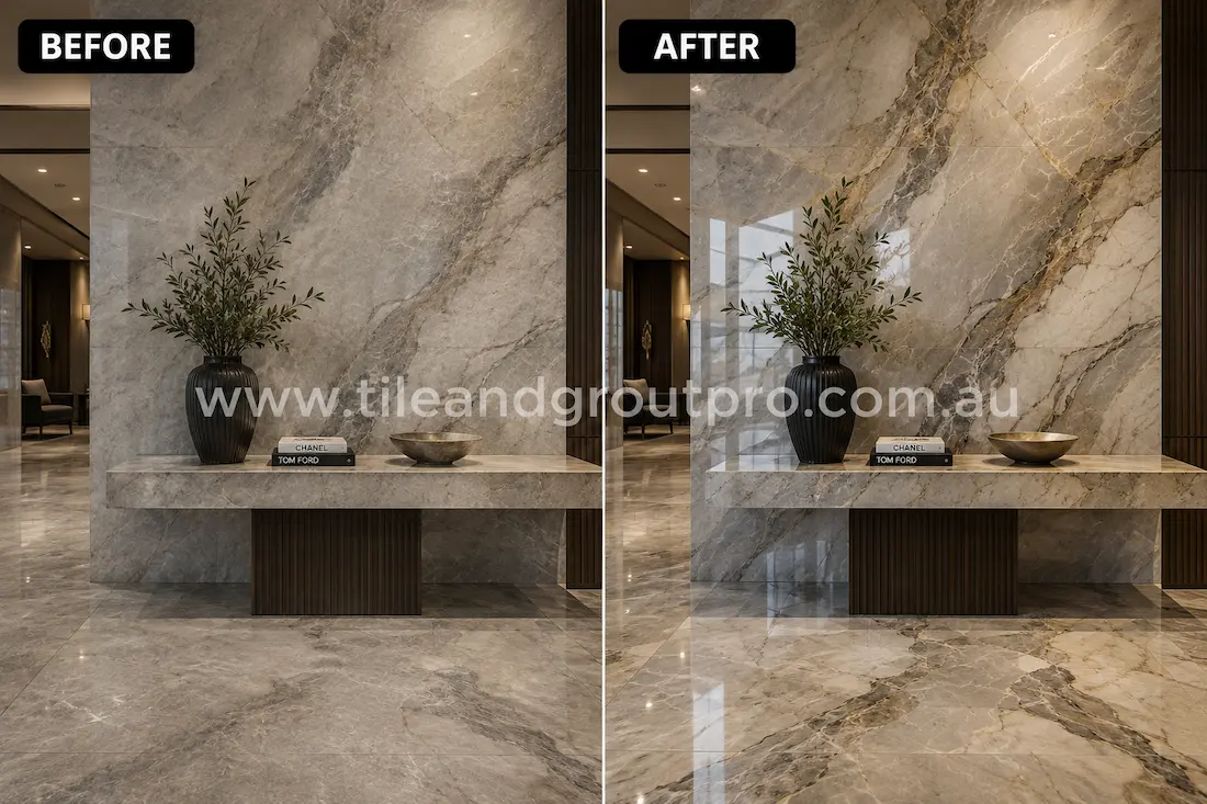 Luxury lobby with bookmatched grey quartzite wall and polished stone flooring showing hazy finish and low reflectivity before stone polishing.