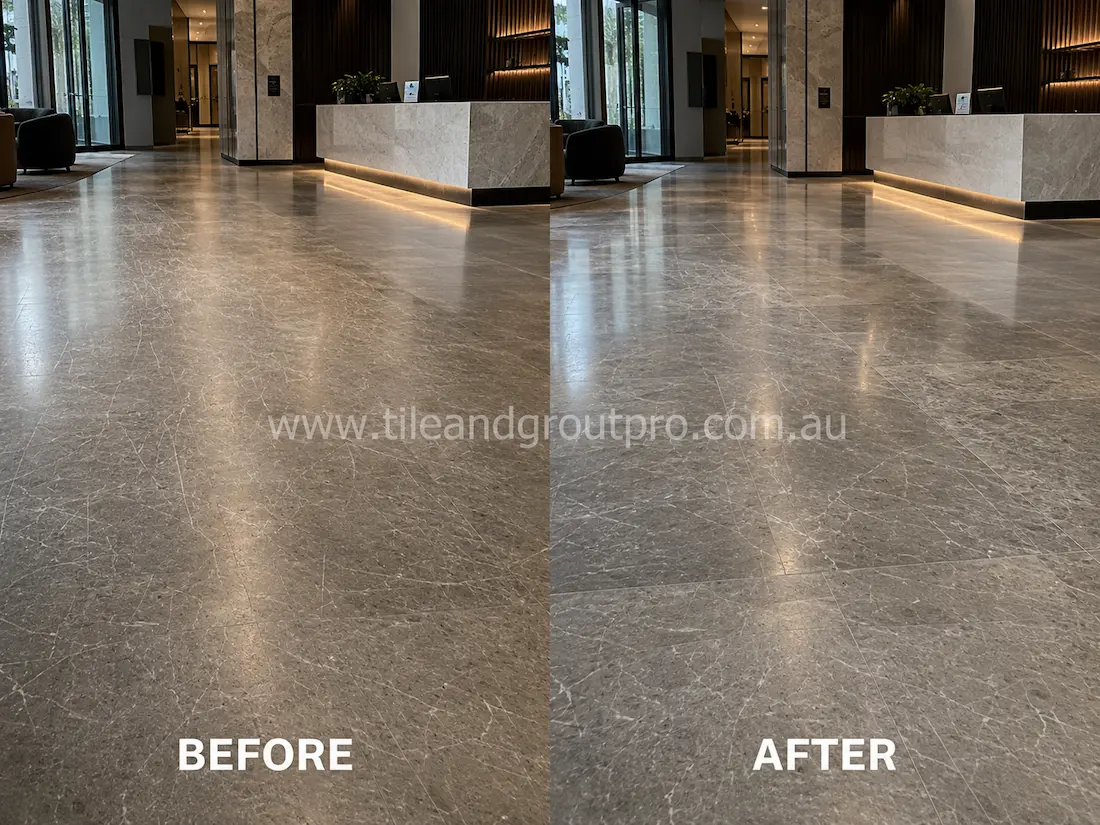 Modern commercial lobby with grey quartzite floor tiles showing visible scratches, scuff marks, and worn surface finish before professional scratch removal service.