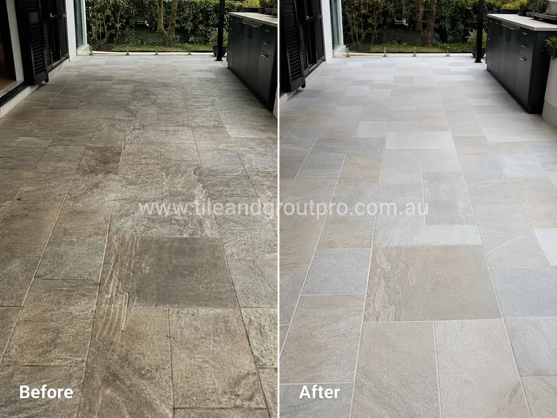Before-and-after outdoor patio with grey quartzite tiles showing weathered etched stone surface restored with professional tile grinding.