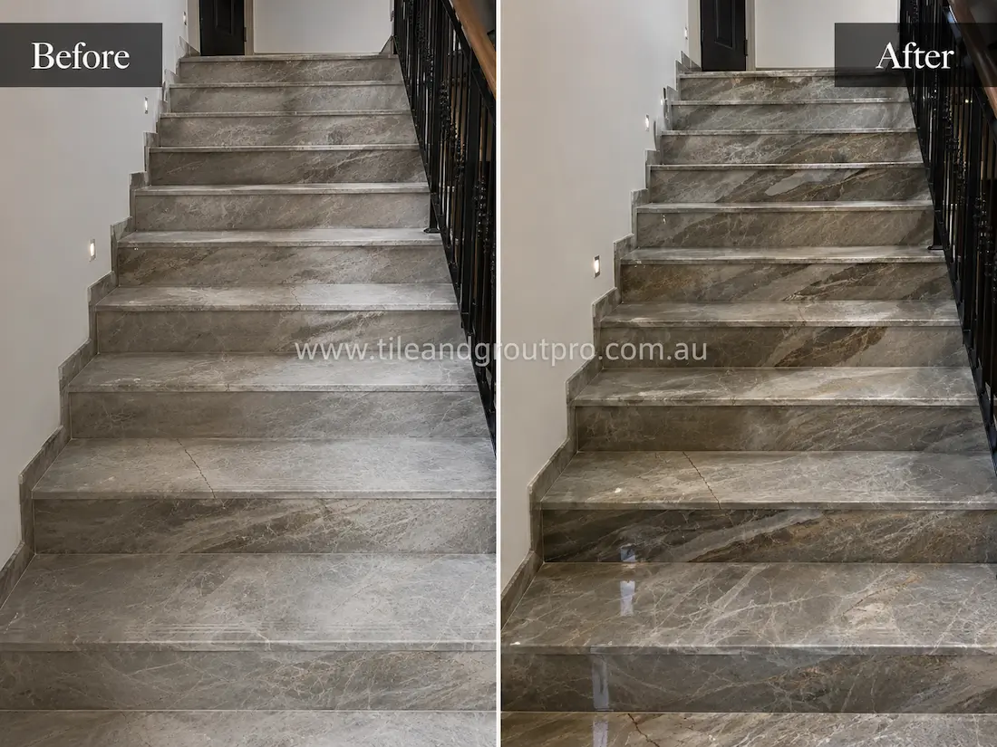 Modern interior staircase finished with grey quartzite stone steps showing a dull, lightly worn surface before professional stone polishing restored clarity and shine.