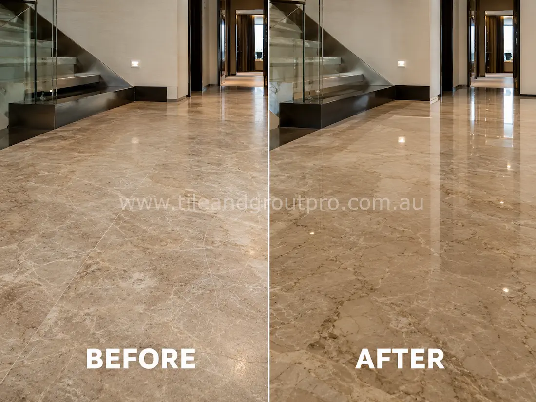 Luxury residential interior with polished quartzite floor tiles displaying visible scratches, fine scuffs, and worn shine before quartzite scratch removal and restoration.