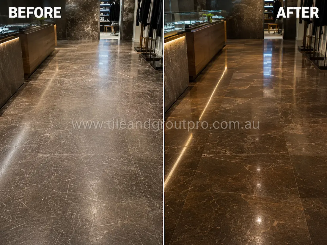 Dark polished quartzite floor tiles in a luxury retail showroom displaying heavy scratches and traffic wear before professional scratch removal treatment.
