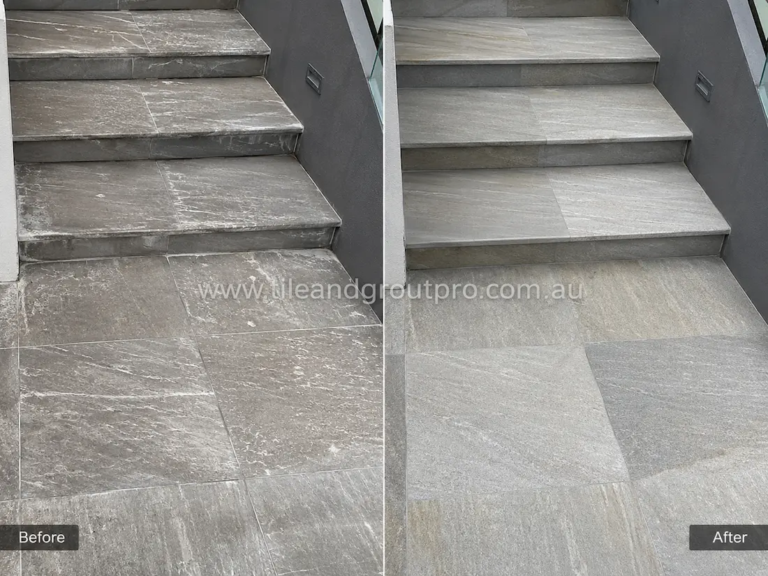 Before and after grinding restoration on grey quartzite outdoor stair tiles with surface wear and faded stone texture restored to a refreshed finish.