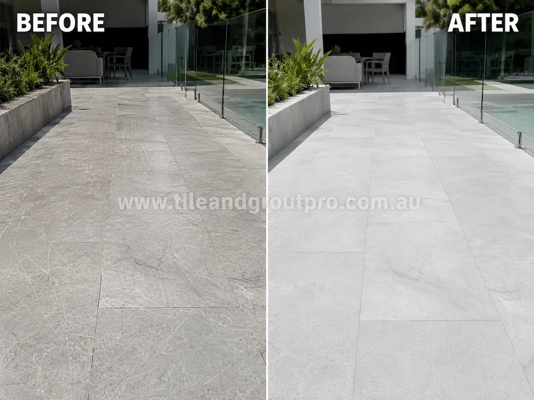 Grey quartzite outdoor patio tiles near a pool area displaying heavy scratch marks and worn stone finish before scratch removal treatment.