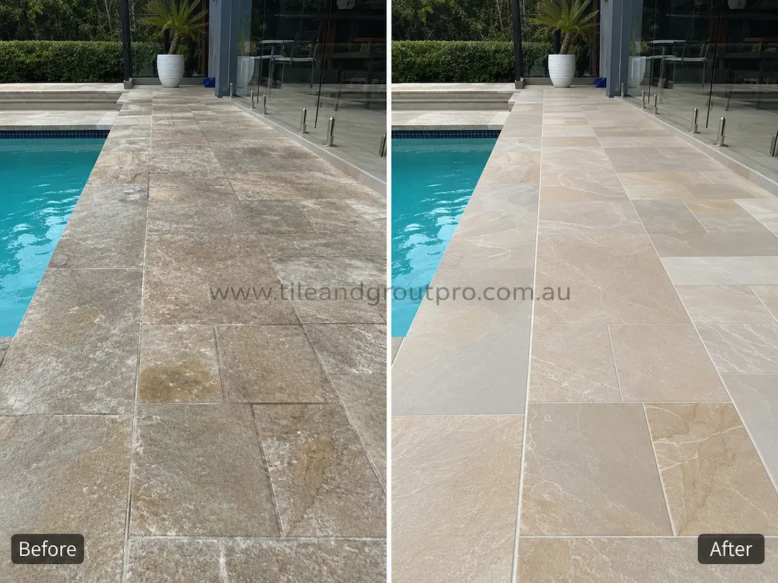 Before and after quartzite tile grinding around a luxury swimming pool with weathered outdoor stone tiles restored to a cleaner brighter surface.