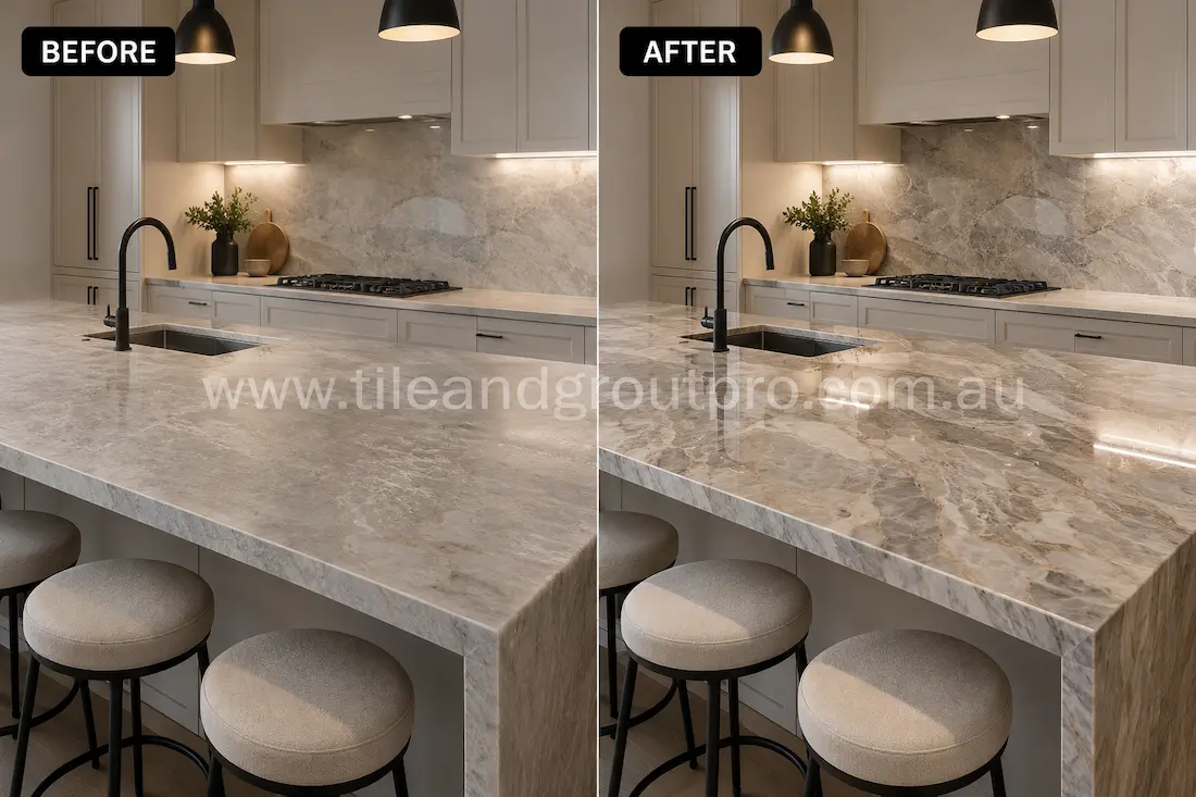 Modern kitchen with natural quartzite island benchtop and splashback showing a dull, lightly etched surface before professional stone polishing restored shine and depth.