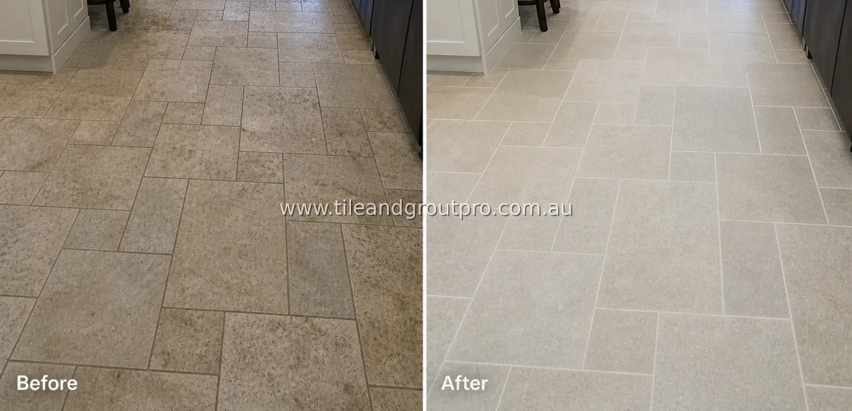 Quartzite tile floor in a kitchen walkway showing heavy grime buildup, patchy discoloration, and stained grout lines before cleaning
