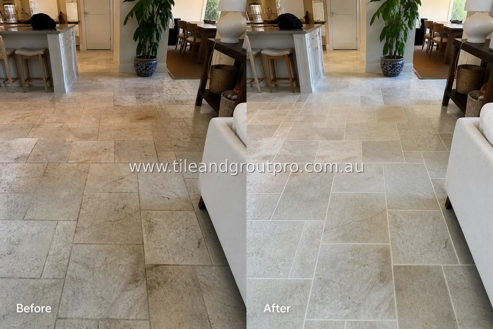 Quartzite tile floor in a living room with heavy dirt buildup, dark stains, and dull finish near a fireplace before professional tile and grout cleaning