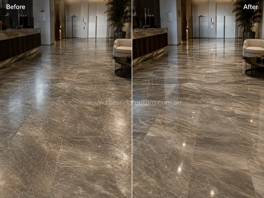 Before and after tile resurfacing of large-format quartzite-look porcelain floor tiles in a commercial lobby, showing faded stone-look surfaces restored to a cleaner finish with enhanced texture and veining.