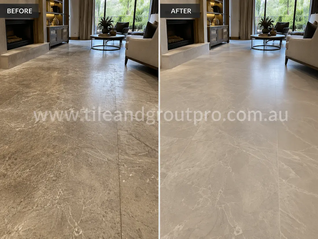 Before and after tile resurfacing of quartzite-look porcelain floor tiles in a residential living room, showing worn stone-look surfaces restored to a clean finish with enhanced natural veining and colour variation.