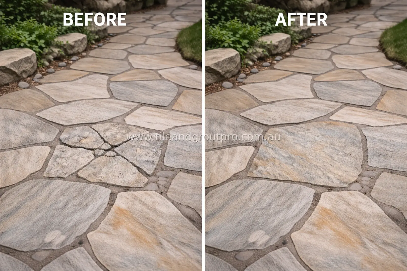 Quartzite pathway before and after repair showing restored outdoor garden paving