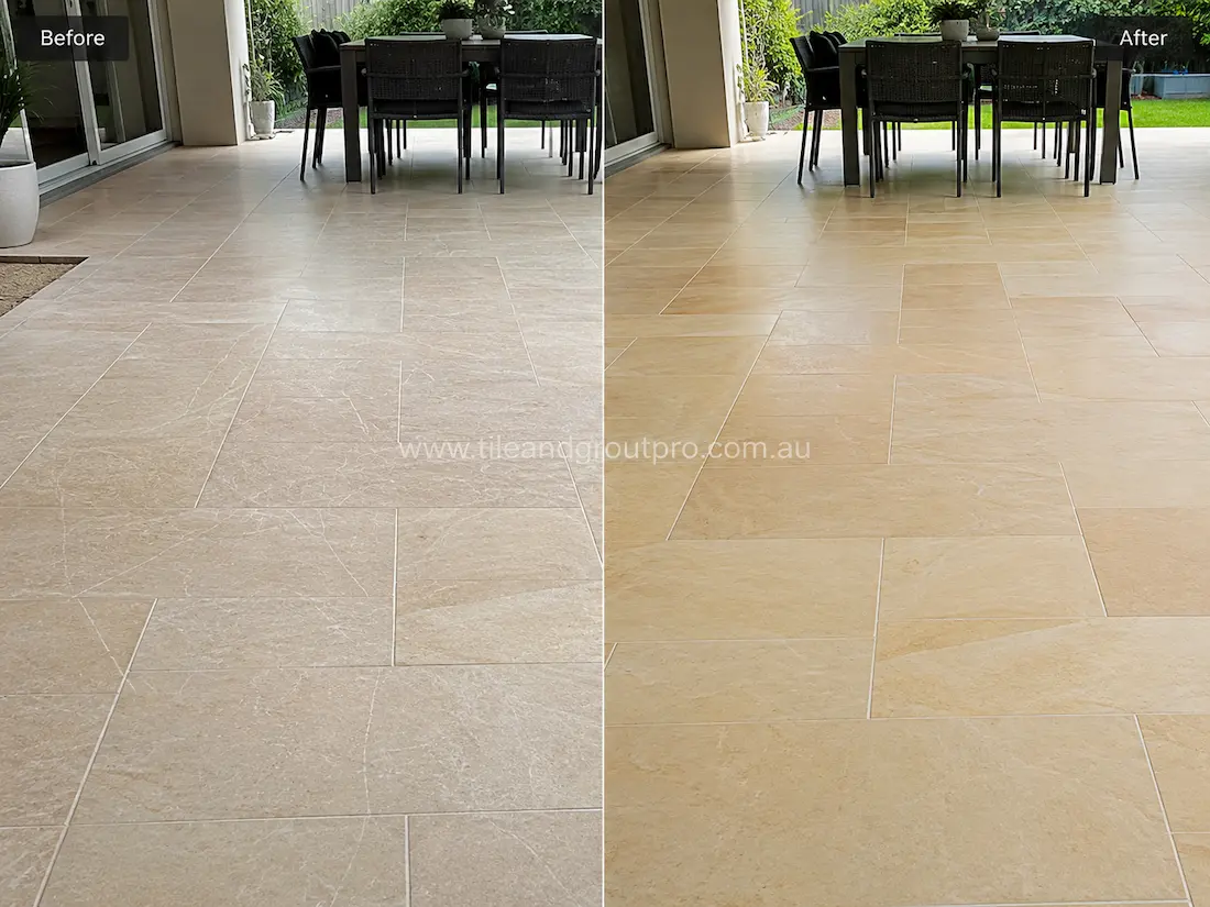 Outdoor alfresco dining area with beige sandstone-look floor tiles before and after scratch removal, showing visible surface scratches and dull wear restored to a smooth clean finish.