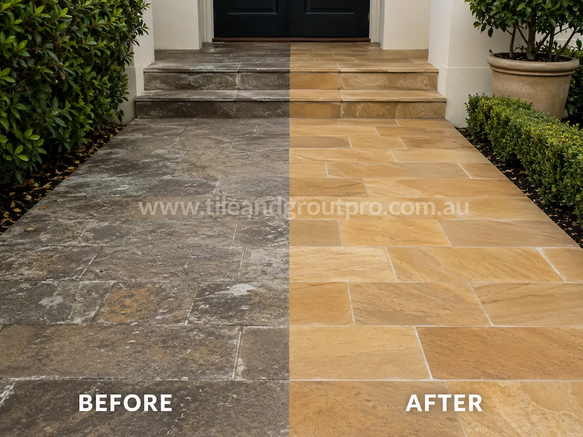 Before-and-after comparison of front entrance sandstone tiles and steps with worn sealer coating, staining, and dull stone finish before Sealer Stripping.