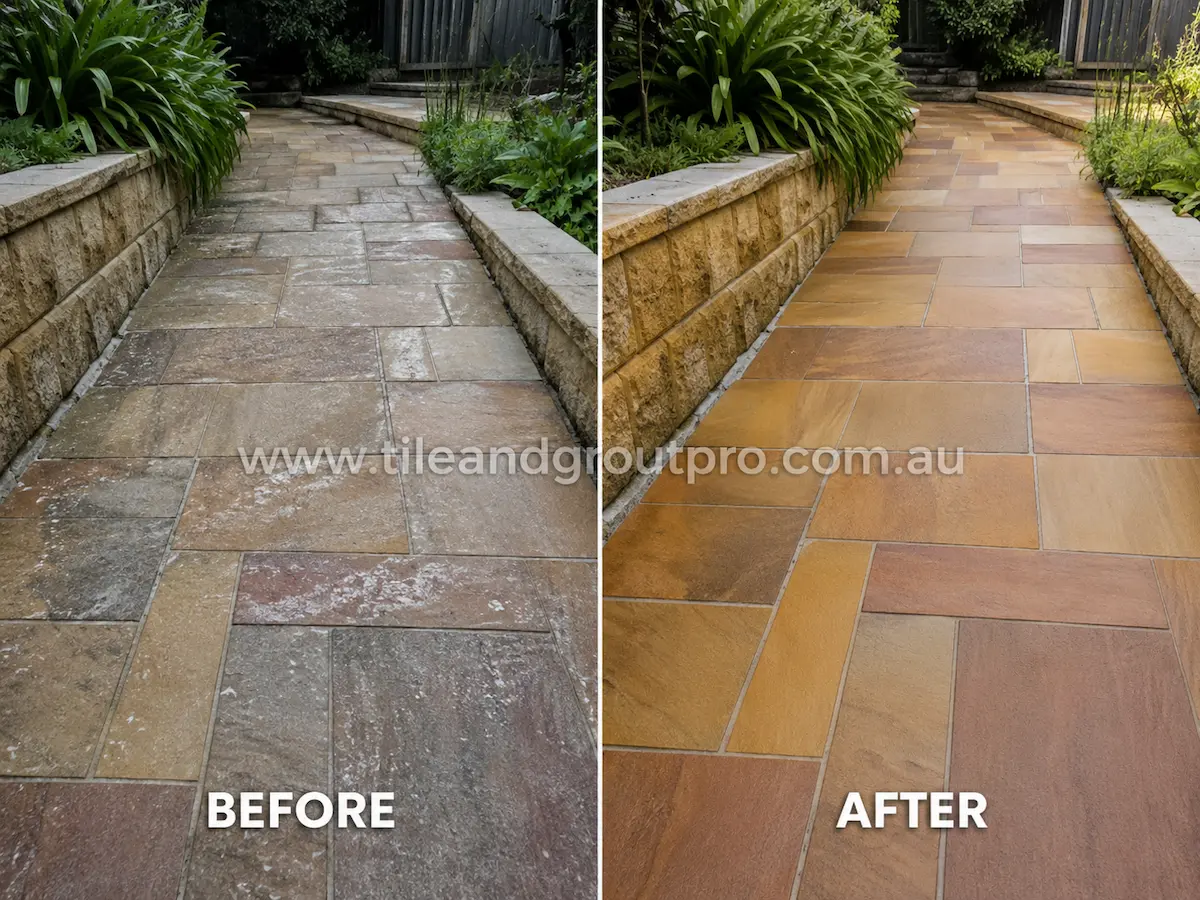 Before-and-after comparison of outdoor sandstone garden path tiles with sealer haze, white residue, and weathered surface appearance before Sealer Stripping.