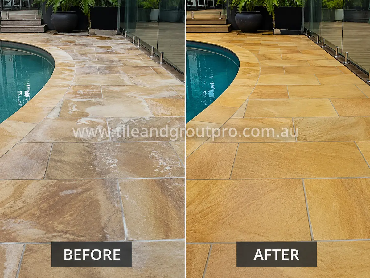 Before-and-after comparison of poolside sandstone pavers with cloudy sealer residue, fading, and uneven surface appearance before Sealer Stripping.