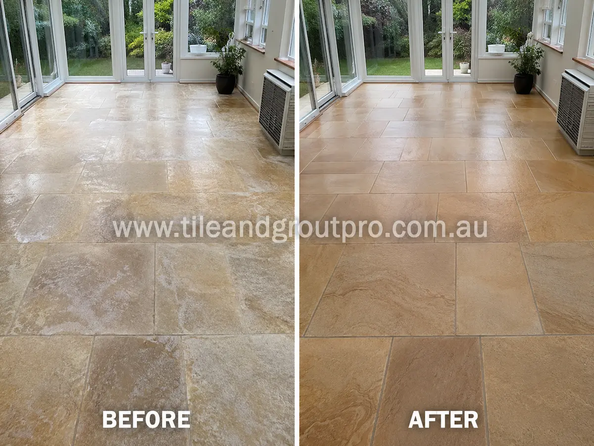 Before-and-after comparison of indoor sandstone floor tiles in a sunroom with dull finish, whitening, and patchy sealer buildup before Sealer Stripping.