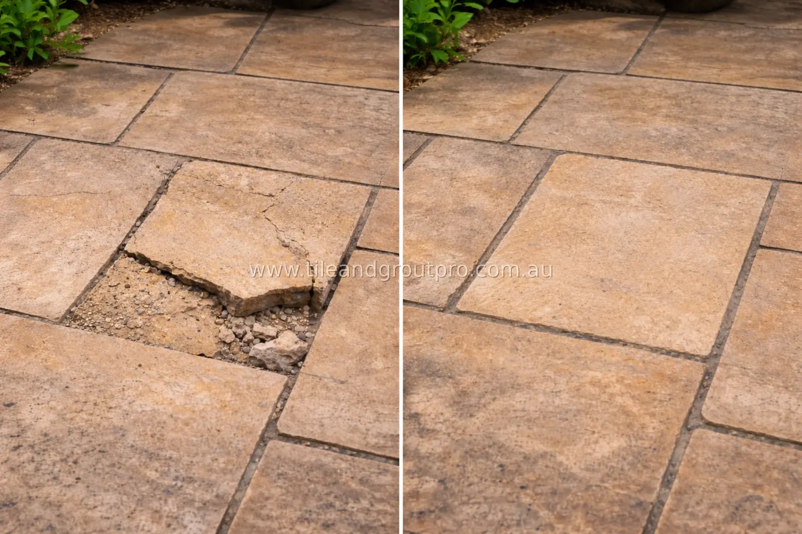 Broken outdoor tile before and after repair showing restored surface