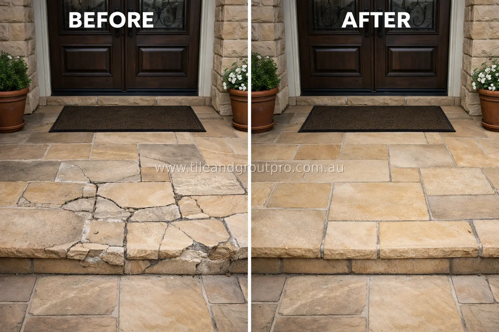 Cracked stone doorstep before and after repair showing restored entry step