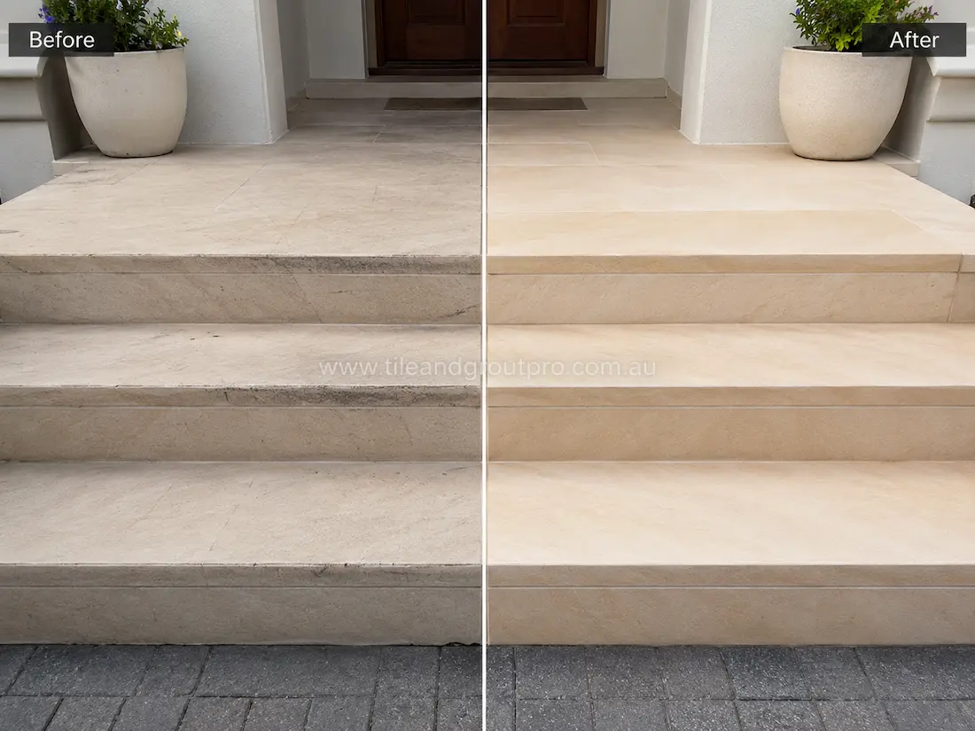 Residential front entrance with cream limestone steps before and after scratch removal, showing scratched stone stair treads restored to a cleaner and more even matte finish.