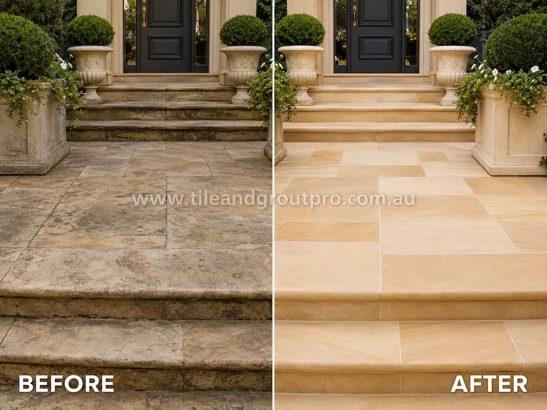 Before and after sandstone grinding restoration on front entry steps and landing with worn, darkened natural stone tiles restored to a smooth clean honed finish.