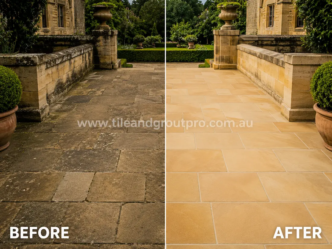 Before and after sandstone grinding restoration in a historic courtyard with darkened weathered stone paving restored to a clean bright honed appearance.