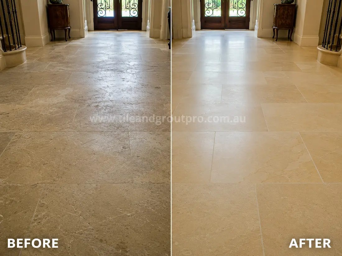 Before and after indoor sandstone floor grinding in a residential hallway showing dull etched stone tiles restored to an even smooth honed surface.
