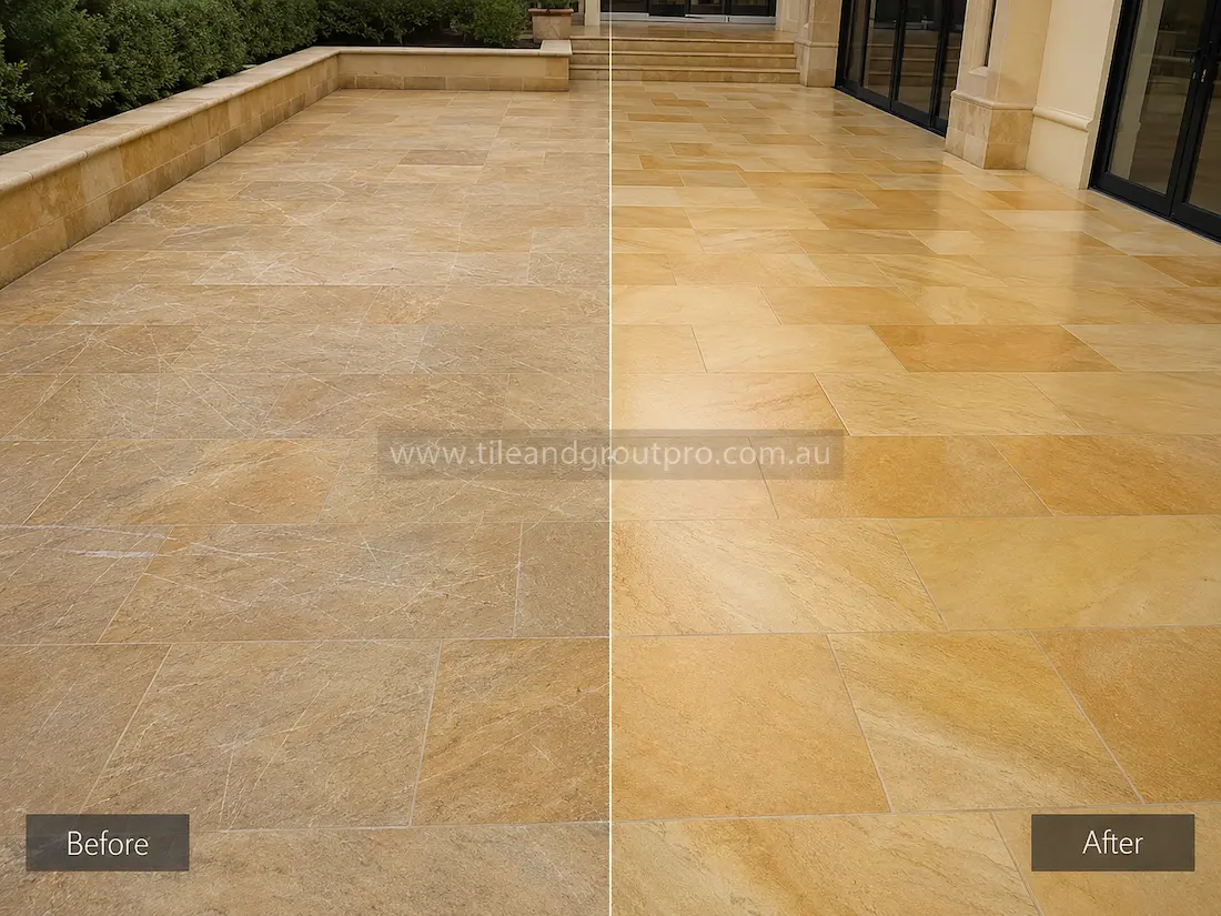 Large outdoor terrace with beige sandstone tiles before and after scratch removal, showing extensive visible scratches and surface wear restored to a smooth natural stone finish near a residential home.