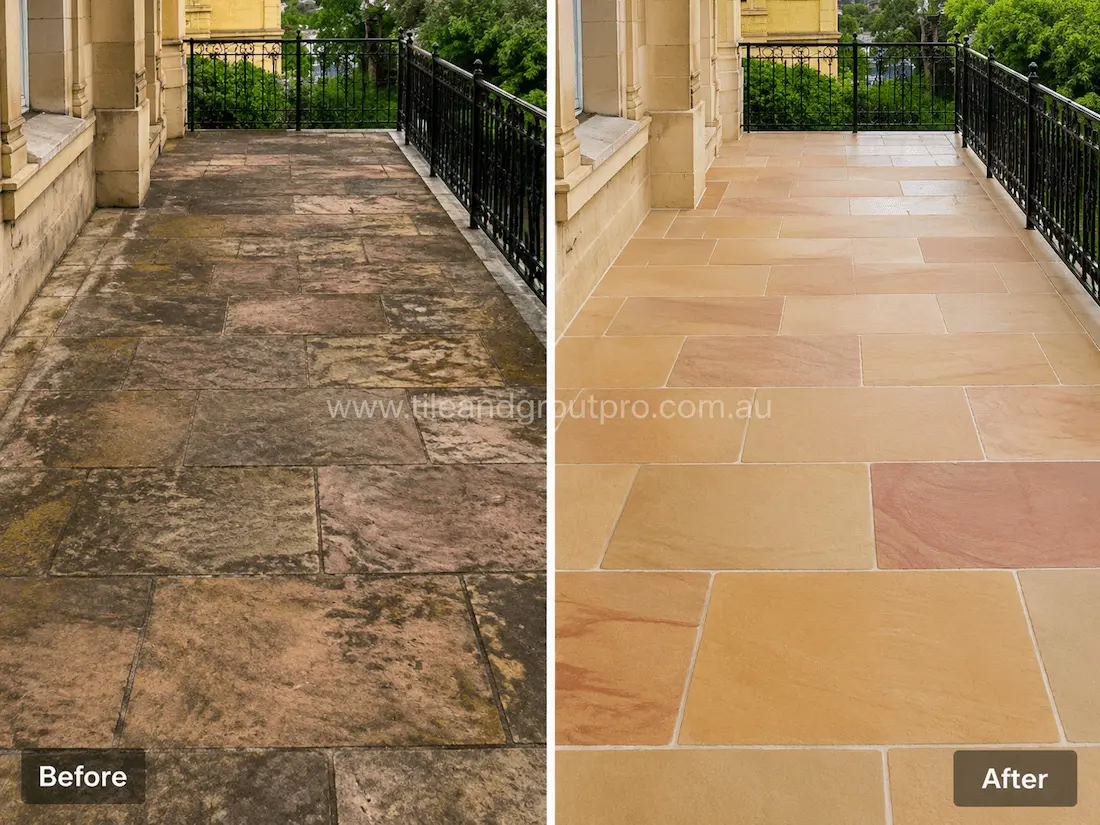 Before sandstone tile resurfacing, this elevated balcony terrace features multicolour sandstone paving with extensive weathering, organic staining, faded colour, and surface deterioration near decorative stone architecture.