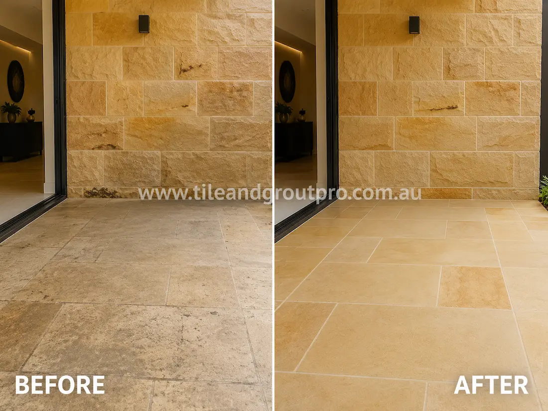 Before and after sandstone grinding on an outdoor entry patio with stained and weathered natural stone pavers restored to a clean smooth finish beside sandstone walls.