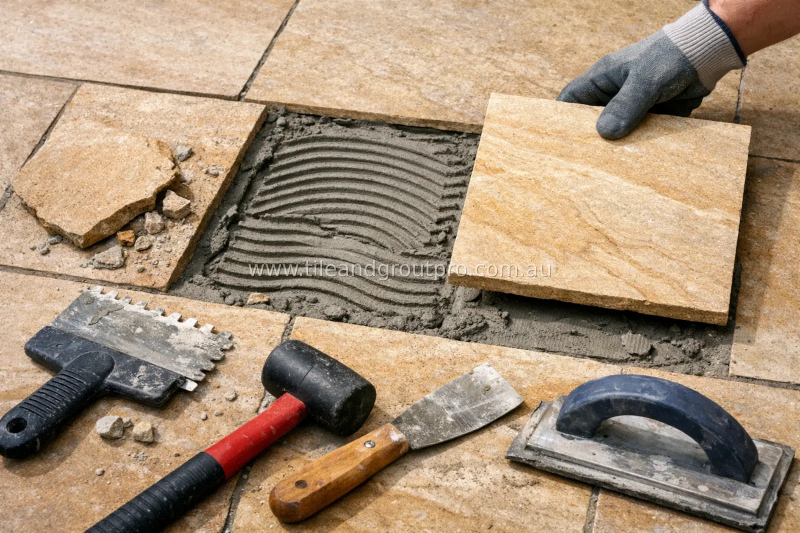 Outdoor tile repair process showing mortar application and tile installation tools