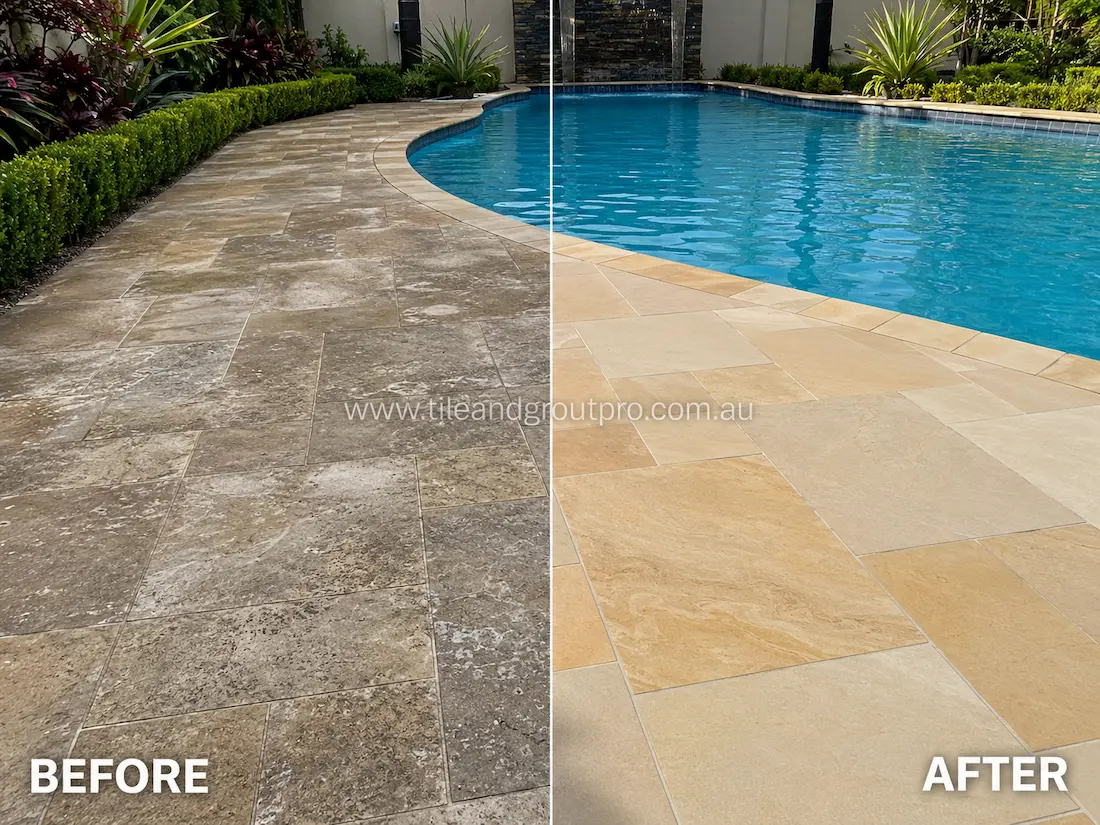 Before and after sandstone grinding around a curved swimming pool with stained and faded natural stone pavers restored to a fresh clean honed finish.