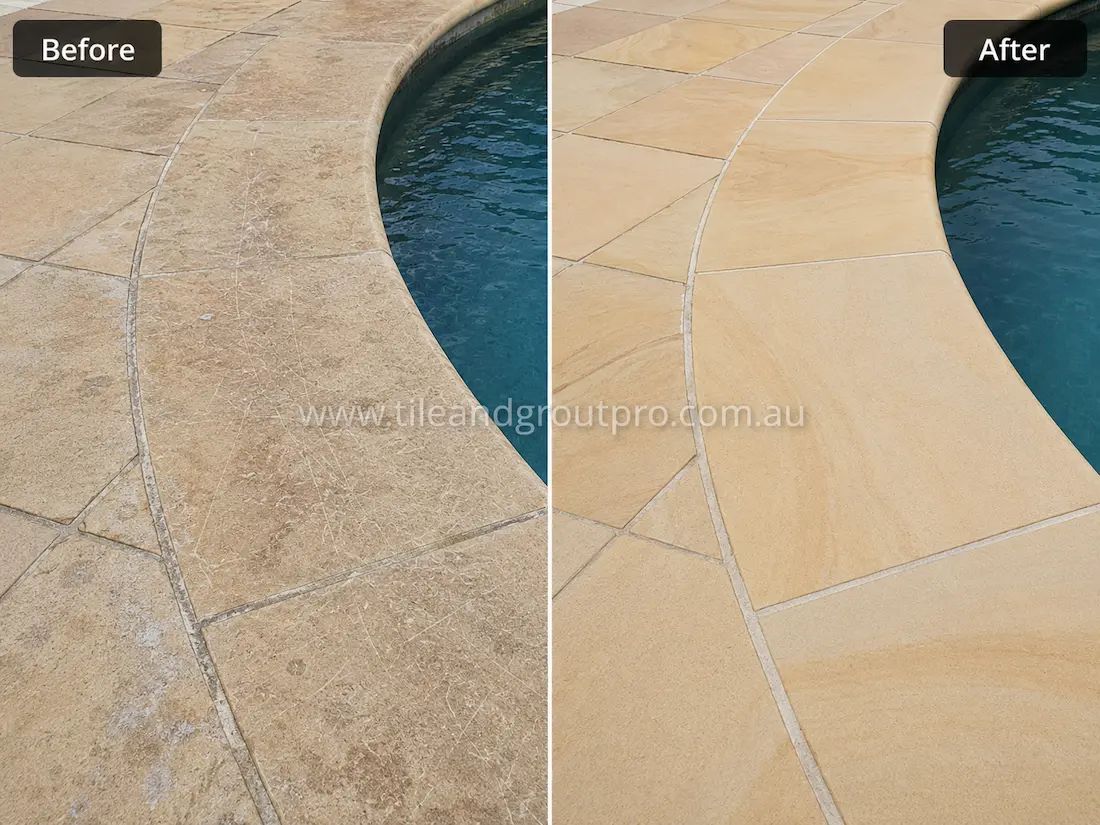 Swimming pool surround with beige sandstone pavers before and after scratch removal, showing visible scratches and faded stone surfaces restored to a refreshed even finish around the pool.