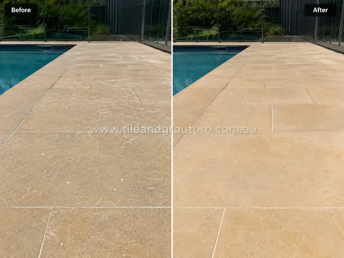 Curved swimming pool edge with beige sandstone pavers before and after scratch removal, showing scratched and weathered stone surfaces restored to a cleaner more uniform appearance around the pool coping.