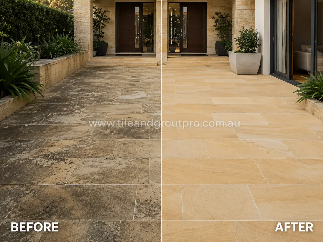 Before and after sandstone grinding in a residential courtyard patio with heavily stained outdoor stone pavers restored to a clean even honed appearance.