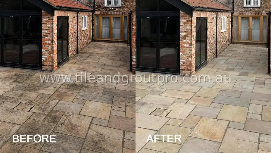 Sandstone courtyard restoration before and after showing deep cleaning, stain removal, and enhanced natural stone color