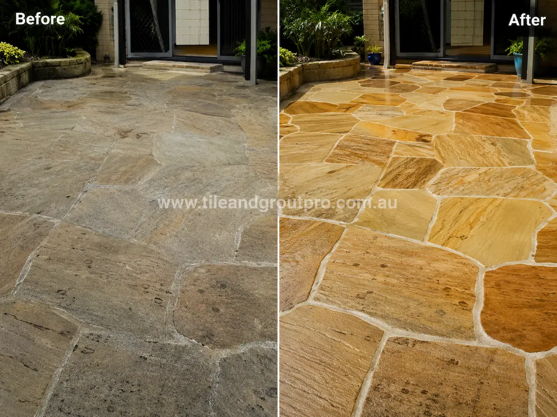 Before stone-polishing of outdoor sandstone crazy paving patio with weathered stone surface, dirt marks, and faded natural colouring.