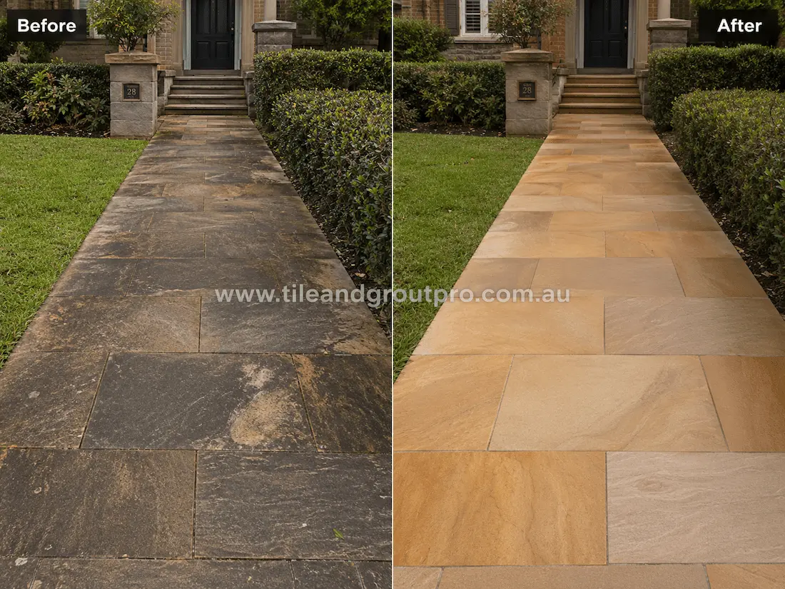 Before sandstone tile resurfacing, this front garden pathway contains sandstone pavers with heavy weather staining, dark discoloration, organic buildup, and an aged, uneven appearance.
