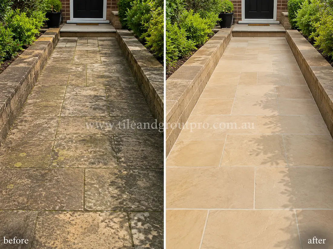 Before tile renewal, sandstone front walkway tiles at a residential entry path showed heavy weather staining, dark surface discolouration, moss buildup, and worn natural stone texture beside garden beds and brick retaining walls.