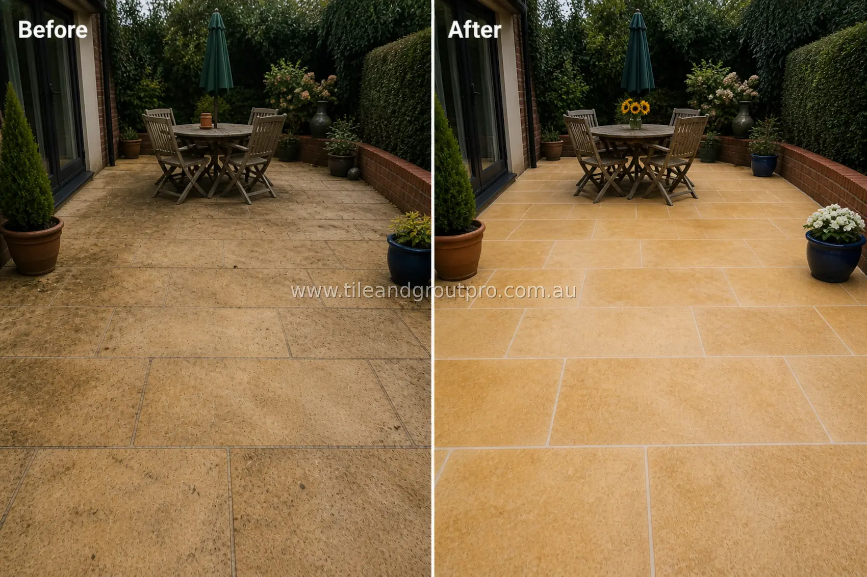 Sandstone natural stone tiles in a garden patio seating area showing embedded dirt, surface wear, and stained grout before tile and grout cleaning