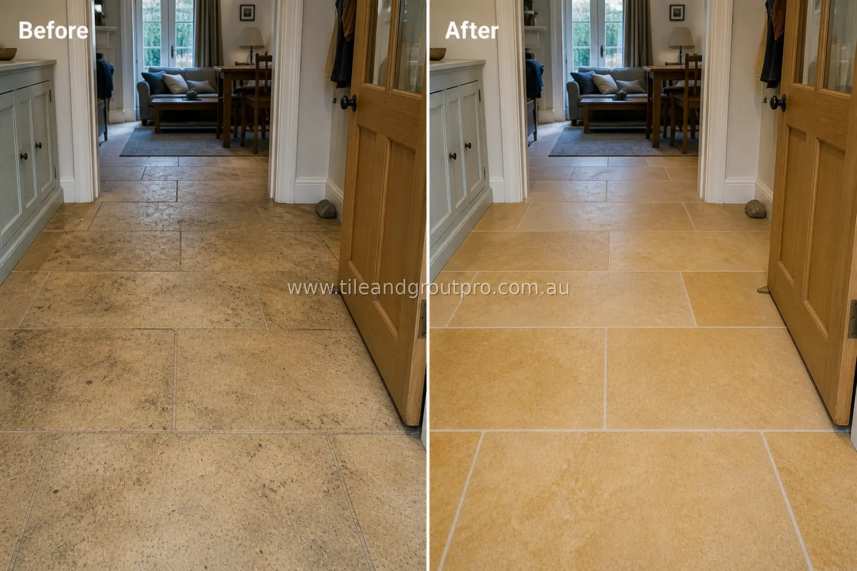 Sandstone natural stone floor tiles in a residential hallway showing dirt buildup, uneven color, and discolored grout lines before tile and grout cleaning