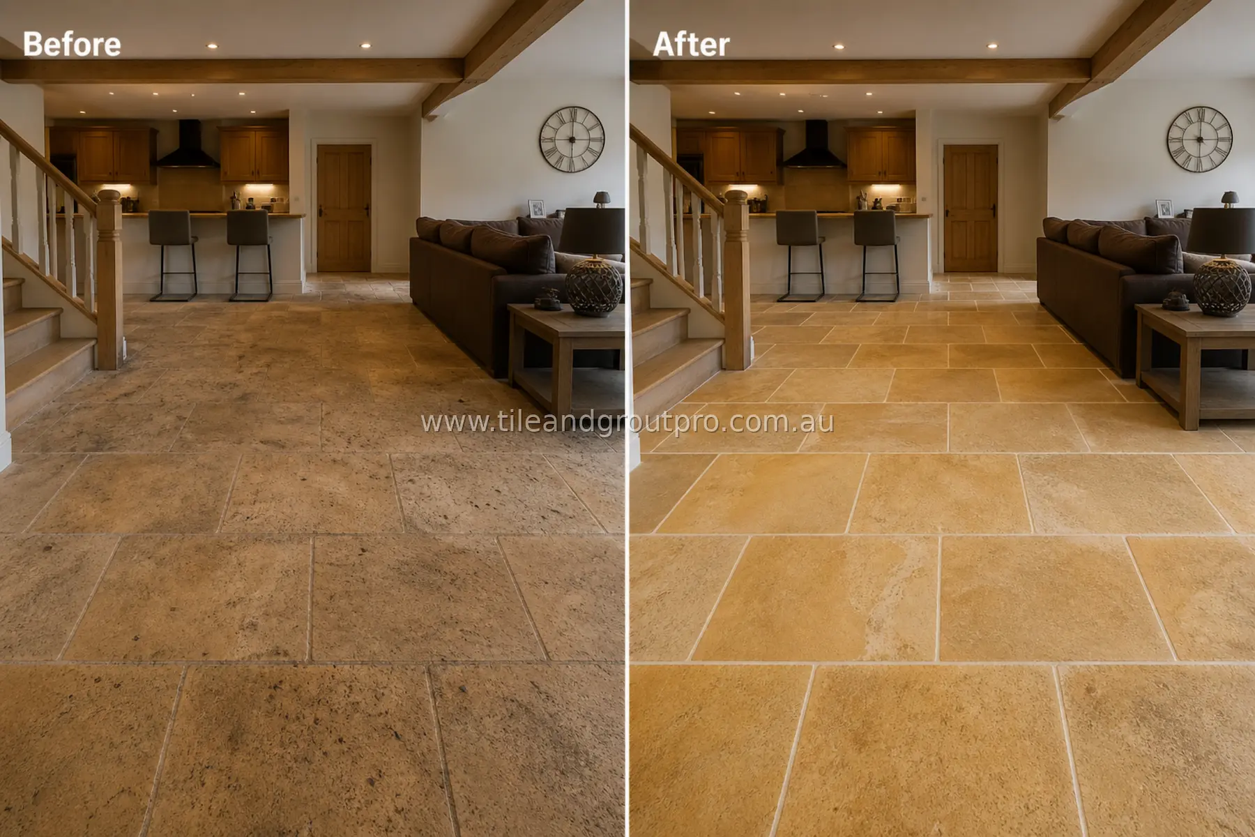Sandstone natural stone floor tiles in an open-plan living room and kitchen with visible dirt, dull finish, and darkened grout lines before tile and grout cleaning