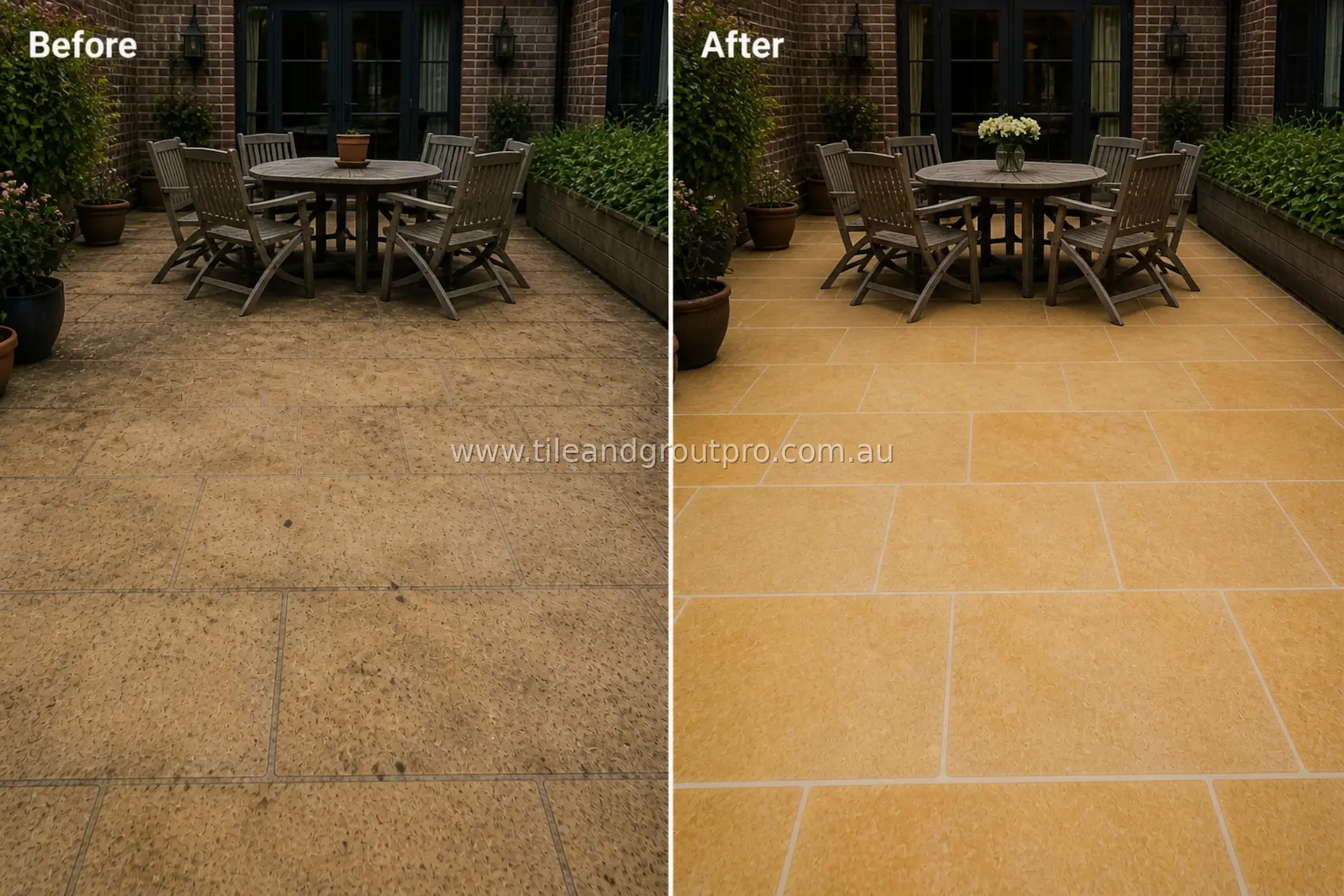 Sandstone natural stone patio tiles in an outdoor courtyard with visible grime, weather staining, and dull surface before professional tile and grout cleaning