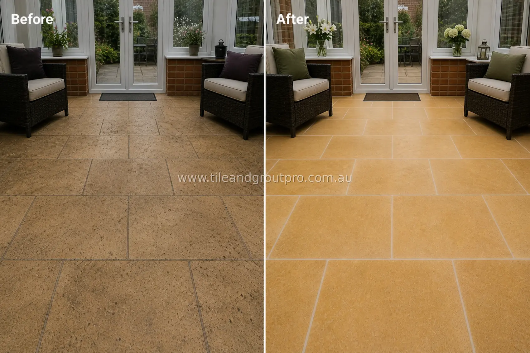 Sandstone natural stone tiles in a sunroom seating area with visible dirt, dull finish, and stained grout lines before tile and grout cleaning