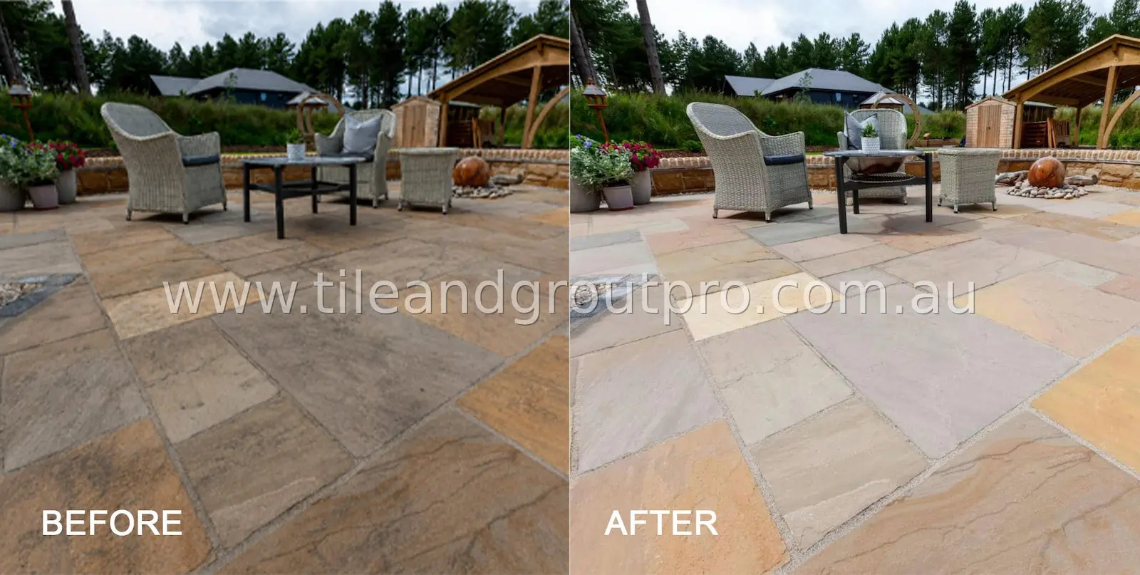 Large sandstone outdoor paving restoration before and after sealing to enhance color and protect against weather damage