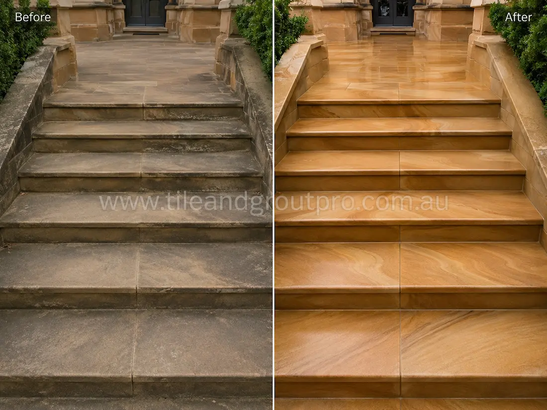 Before stone-polishing of outdoor sandstone steps and landing with weathered surfaces, dark staining, and faded natural stone appearance.