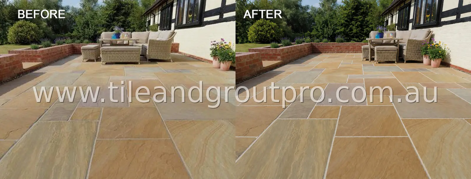 Sandstone patio regrouting before and after showing restored grout lines and clean outdoor paving