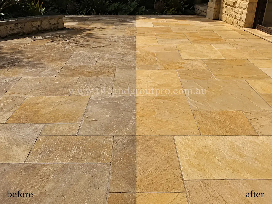 Before tile renewal, outdoor sandstone patio tiles in a courtyard entertainment area showed heavy surface dullness, white residue buildup, and worn natural stone finishes near retaining walls and garden landscaping.